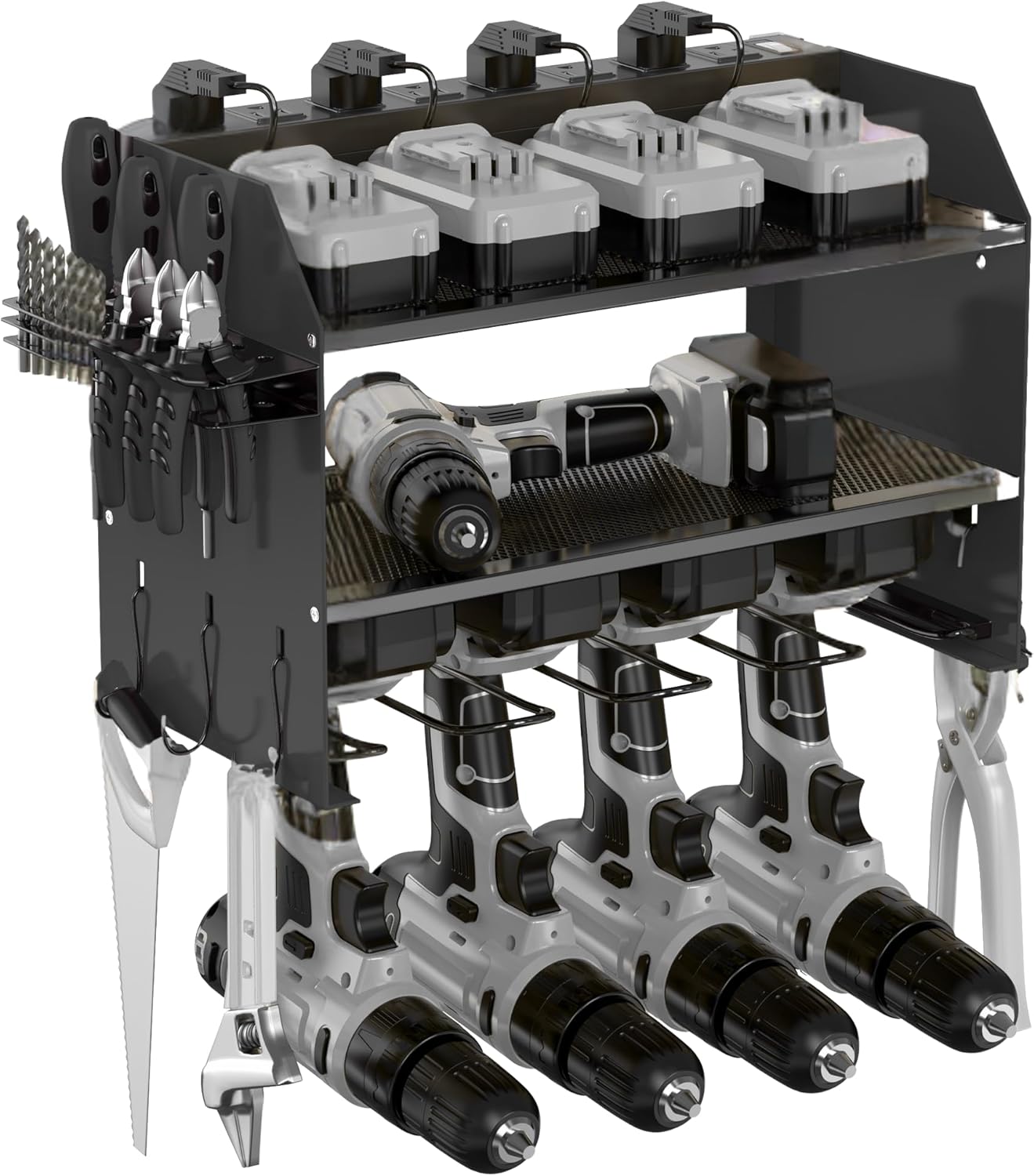3-Tier Modular Drill Holder & Power Tool Organizer Wall Mount with Charging Station, Tool Storage Rack with Hooks, 8-Outlet Power Strip, Bit Rack & Cordless Garage Tool Organization (Black)