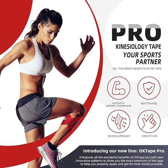 OK TAPE PRO Kinesiology Tape Uncut Roll, Elastic Physical Therapy Athletic Tape for Pain Relief, Muscle Support, Kinetic Tape, Water Resistant, 2in X 16.4ft -Red