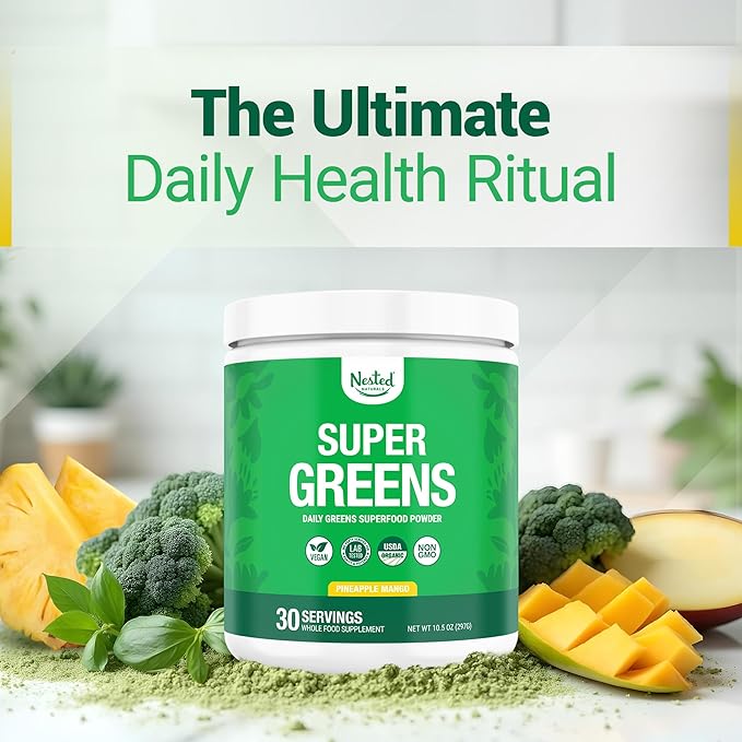 Super Greens Daily Greens Superfood Powder - Certified USDA Organic Green Powder w/20+ Whole Foods, Spirulina, Wheat & Barley Grass - Probiotics, Fiber & Enzymes - Pineapple Mango, 30 Servings