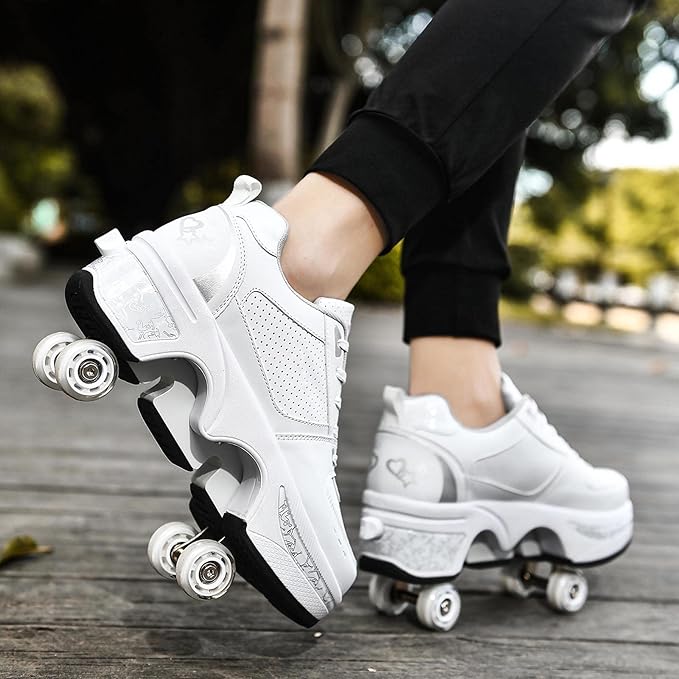 Roller Skate Shoes for Women Four Rounds Children's Roller Skates Shoes That Turn into Rollerskates Sneakers Outdoor Light Shoes with Wheels for Girls/Boys