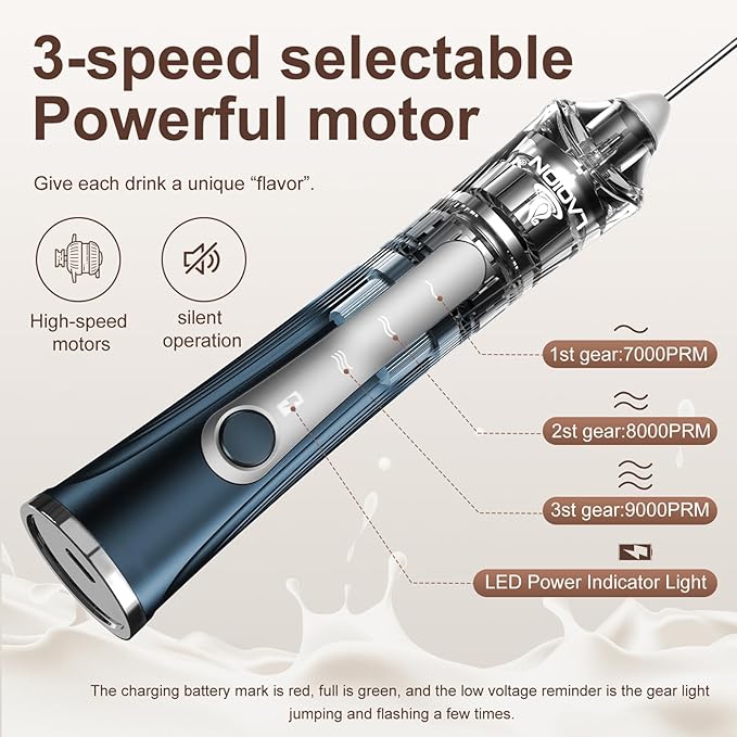 Rechargeable Frother Wand with Stand, Milk Frother with Detachable Stainless Steel Double Rings Whisk, 3-Speed Handheld Electric Drink Mixer for Lattes, Cappuccino, Coffee (Dark Blue)