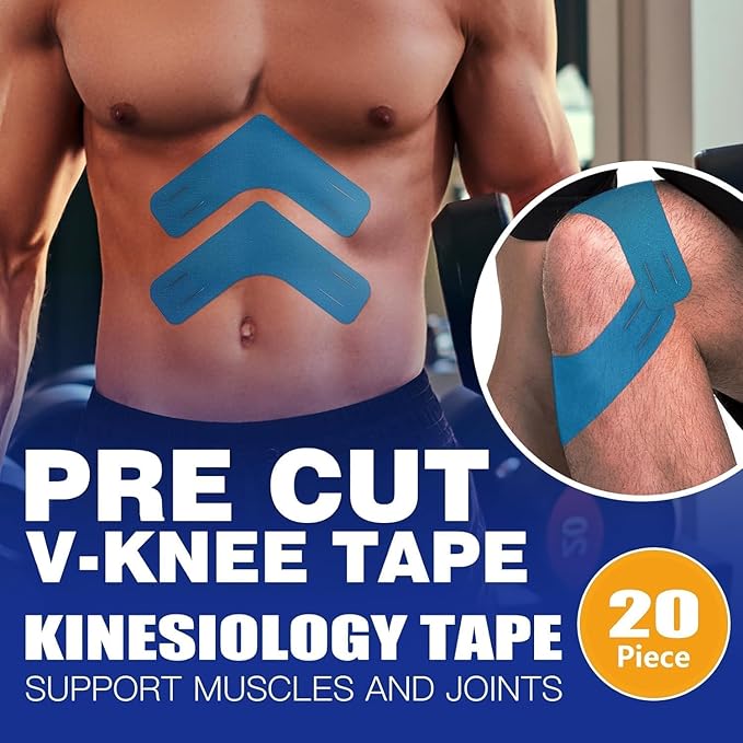 V-Knee Kinesiology Tape Precut Strips – 2 Inch Wide Waterproof Athletic Tape for Shoulders, Knees, and Muscles, Versatile Body Tape, 20 Count (Blue Color)