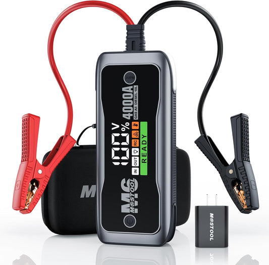 MOSTOOL M6 4000A Flagship Car Jump Starter, 12V Professional Battery Pack with Smart LCD, Heavy Duty Safety Clamps, 20000mAh Power Bank, 400-Lumen LED, Rugged Kit for All Gas & Up to 10.0L Diesel