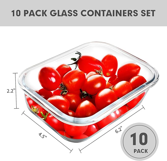 VERONES 10 Pack 22 OZ Glass Meal Prep Containers, Airtight Glass Lunch Containers Set,Glass Food Storage Containers with Lids,BPA Free, for Microwave, Oven, Freezer & Dishwasher Friendly,White