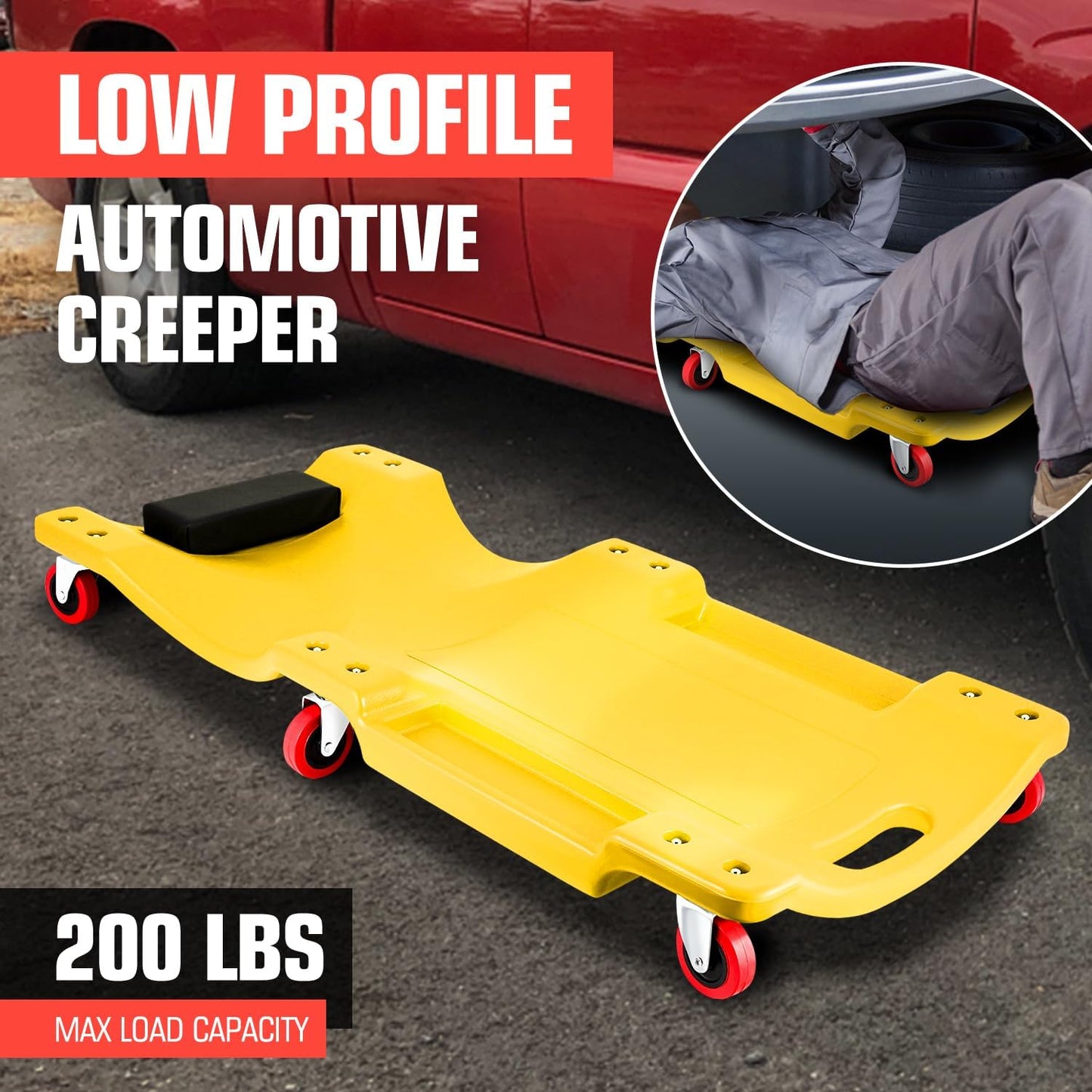 DNA MOTORING 36" L X 17" W x 4.25" H Vehicle Repair Low Profile Automotive Creeper w/Padded Headrest, Yellow, TOOLS-00201-YL