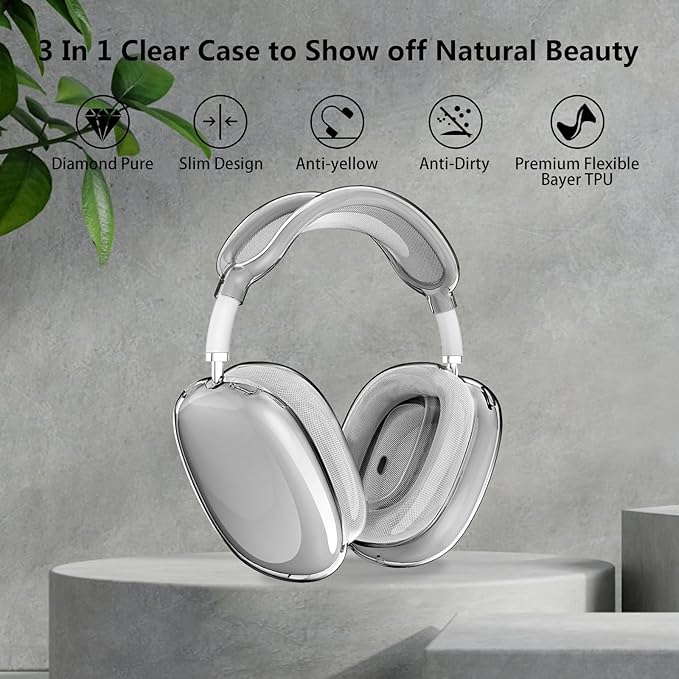 for AirPods Max Case Clear Black,3 in 1 Clear Soft TPU Ear Cups/Ear Pad Case/Headband Cover for Airpods Max Headphone Accessories-Black