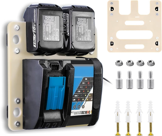 FETESNICE Wall Mount for Makita Charger, Flame Retardant Synthetic Materials Stable 2-batteries Holder and Charger Holder, Ideal Wall Mount for Makita Battery Holder, Suitable for Workshop and Garage
