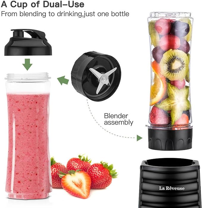 La Reveuse Smoothies Blender 300 Watt with 18 oz BPA-free Portable Travel Sports Bottle (Black)