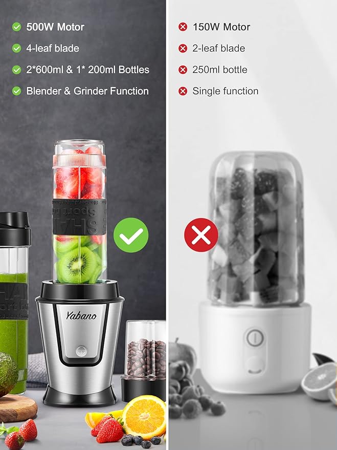 Personal Blender, Electric Shake Bottle with 2 x 20oz Travel Bottle and Coffee/Spices Jar, Portable Shaker Cups for Protein Shakes, 500W Single Serve Blender for Shakes and Smoothies, Sports(Black)