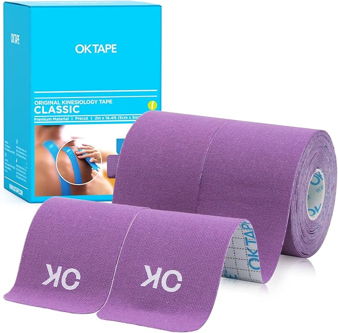 OK TAPE Kinesiology Tape 10 inches Precut, 20 Strips, Cotton Elastic Athletic Tape Latex Free, 2inch x 16ft, 2 Rolls Purple