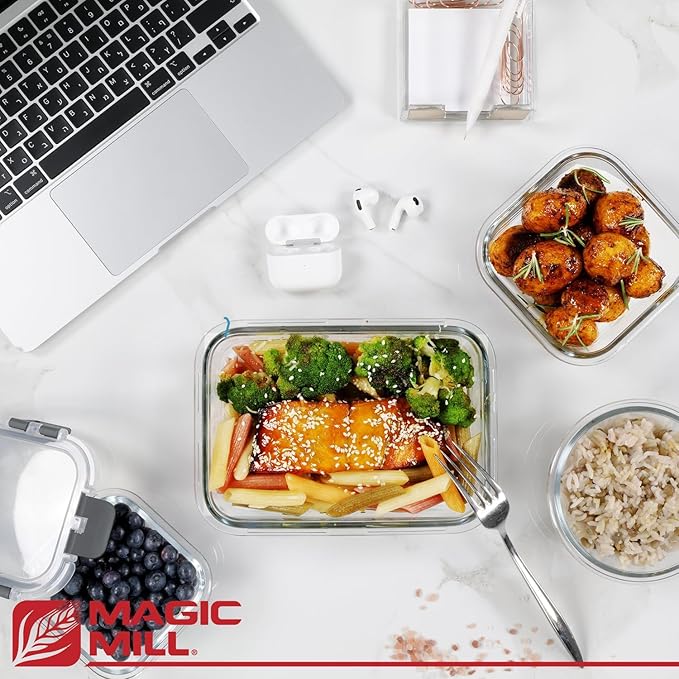 Magic Mill Glass Storage Containers with lids Set | Ultimate 24pc Sets with 12 Food Storage Containers & 12 Airtight Locking Lids for Lunch, Meal Prep, Fridge, Freezer, and Dishwasher Safe, BPA-Free