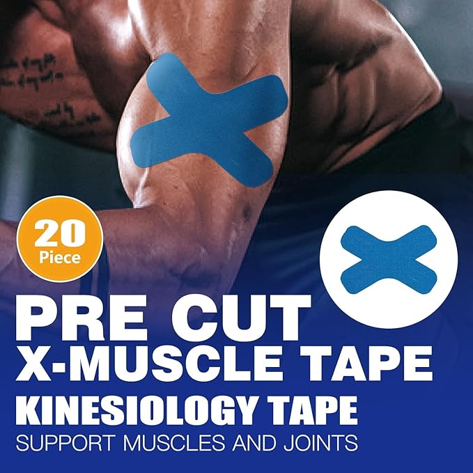 Kinesiology Tape X-Tape– Advanced Support for Knees and Muscles, Waterproof Athletic Tape with Precut Strips for Easy Use, Ideal for Sports, Injury Prevention, and Recovery, 20 Count (Blue)