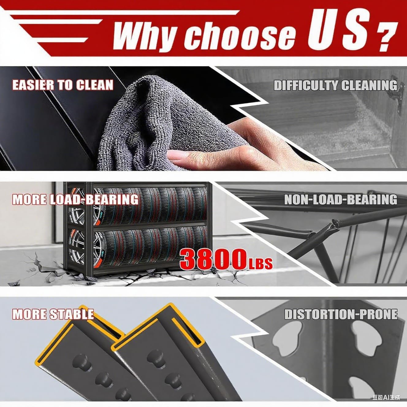 48" W,Heavy Duty 5-Tier Steel Garage Shelving Unit | 3800LB Capacity| Garage & Basement Storage | Industrial-Grade Metal Shelving for Warehouses & Workshops | Adjustable, Rust-Resistant, Black