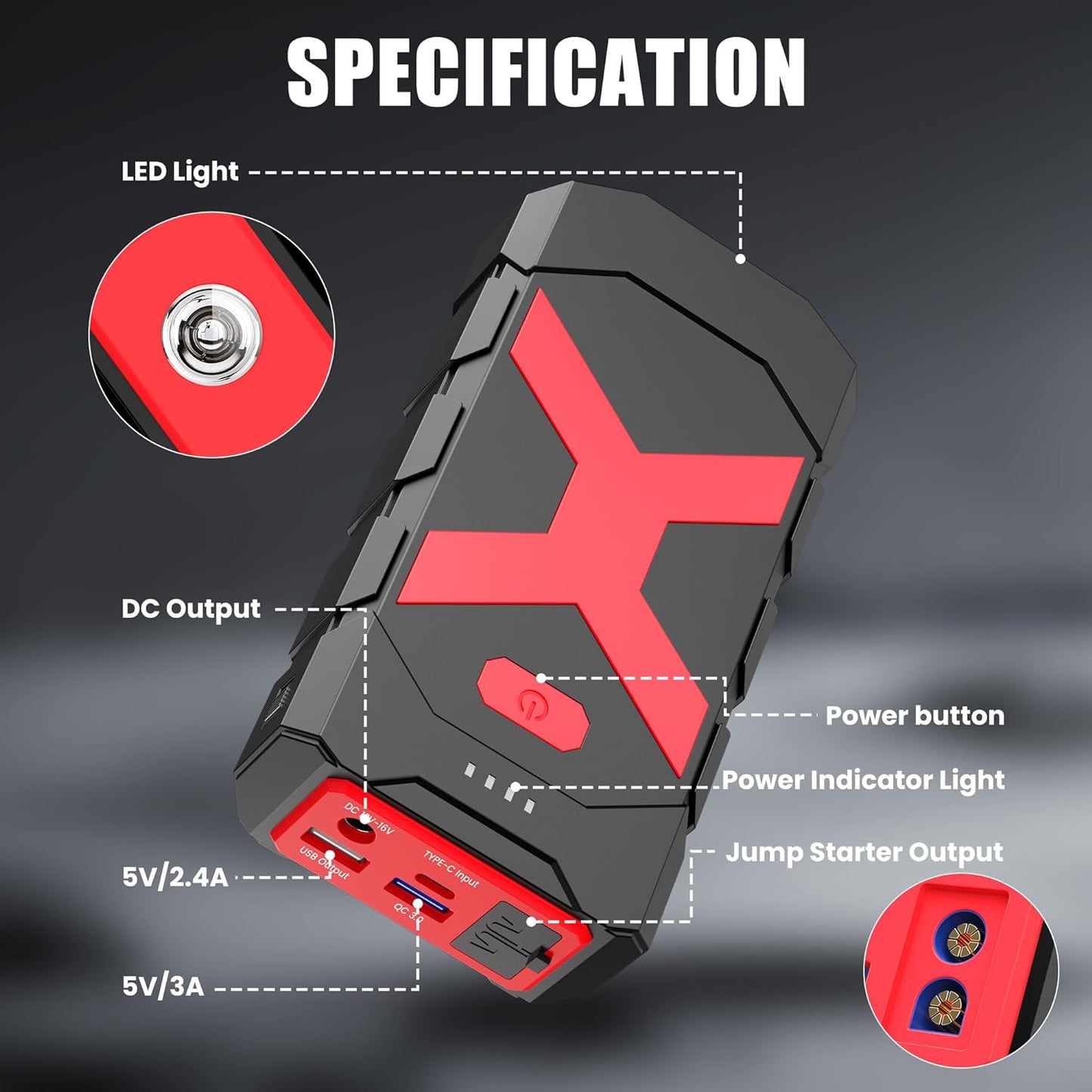 BOOKOO Jump Starter 2000A for Car/Boat/Lawnmower(8.0L Gas/6.5L Diesel Engine) Portable 12V Car Battery Jump Starter with Cables,Wall Charger,USB 3.0 Fast Charging,16V DC Output,3 LED Modes