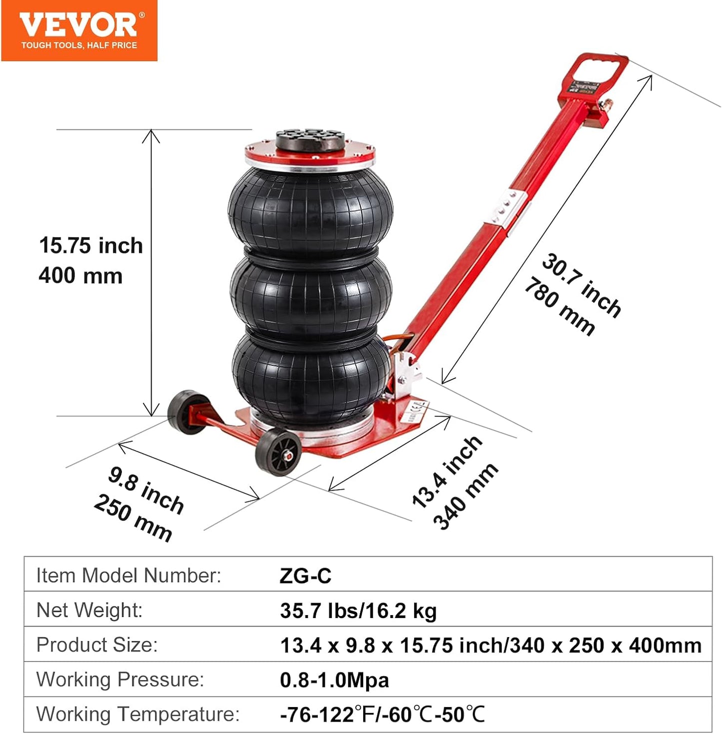 VEVOR Air Jack, 3 Ton/6600 lbs Triple Bag Air Jack, Air Bag Jack Lift Range 5.9"-15.75", Airbag Jack with Adjustable Long Handle, 3-5 S Fast Lifting for Car, Auto Shop, Garage