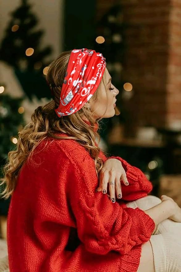 Huachi Christmas Headbands for Women Cute Knotted Head Bands Girls Hair Accessories Red Green Hairbands Fashion Snow Funny Hairwear Holiday Gifts (Pack of 4)