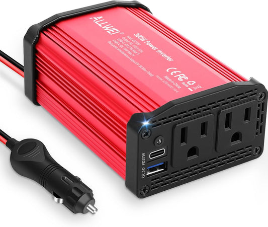 300W Car Power Inverter 12v to 110v, Car Plug in Adapter Outlet with PD 27w USB-C and Fast Charger 18w USB-A, Car Outlet Adapter, Car Converter to Outlet Plug, Power Inverters for Vehicles (Red)