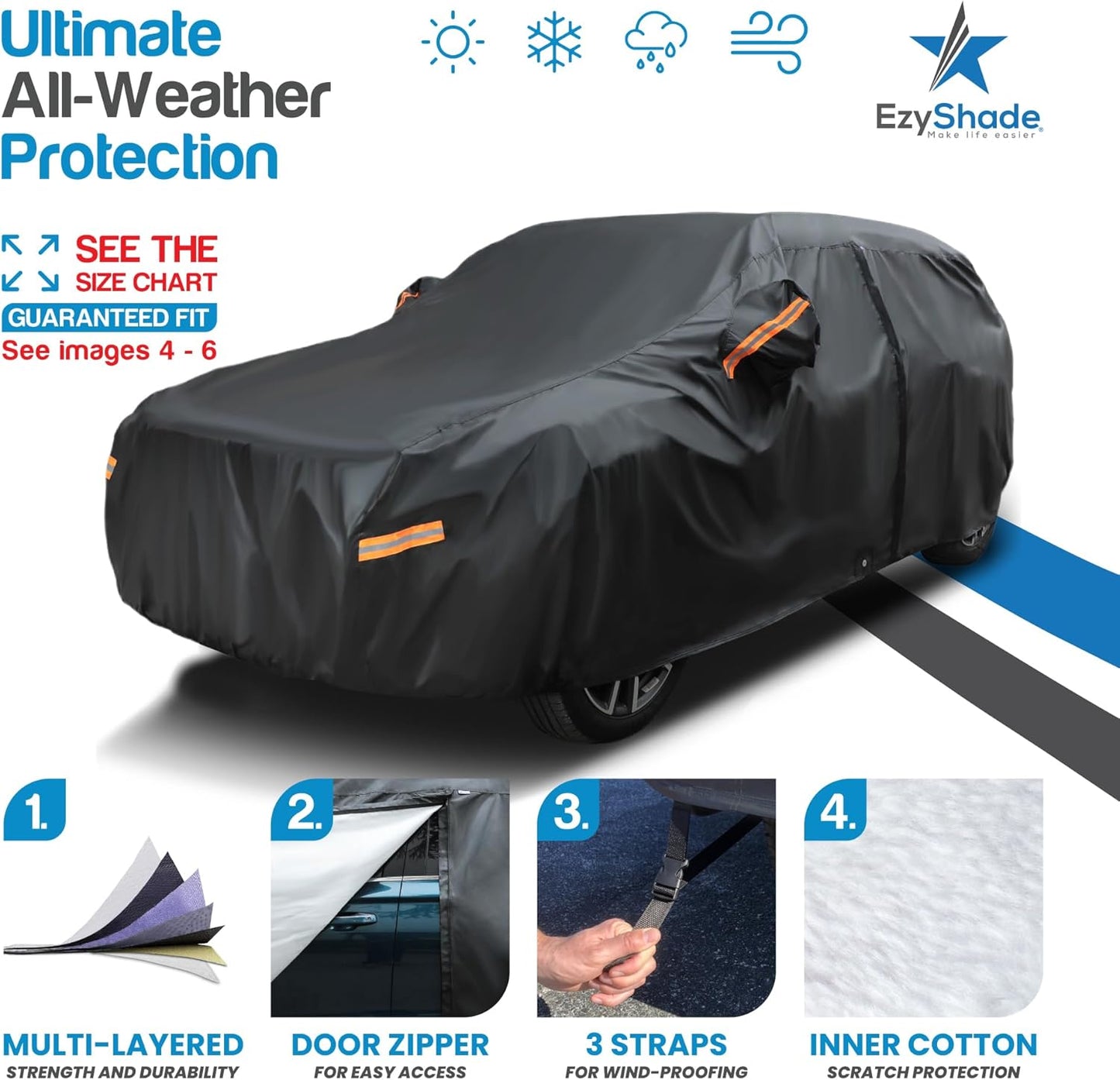 EzyShade 10-Layer SUV Car Cover Waterproof All Weather. See Vehicle Size-Chart for Accurate Fit. Outdoor Full Exterior Covers for Automobiles Heavy Duty Jeep Rav4 CRV. Black, Size S6 (See SizeChart)