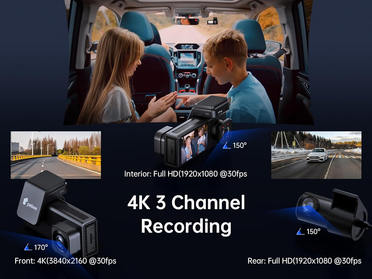 Pelsee 4K 3 Channel Dash Cam Front and Rear Inside, Dash Camera for Cars, 4K+1080P+1080P Dashcam with APP & WiFi, 64GB Card Included, Smart Driving System ADAS DMS, 24H Parking Mode,G-Sensor,256GB Max