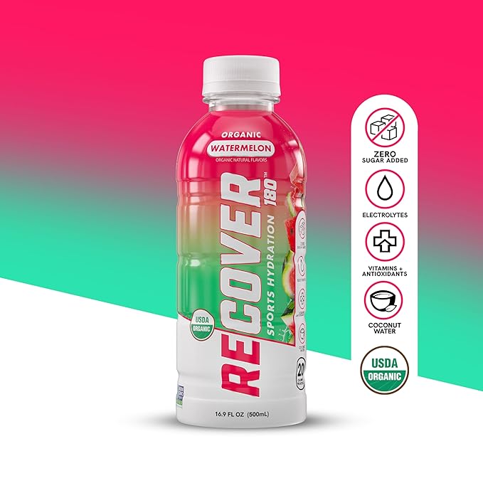 RECOVER 180 Organic Sports Hydration Drink, No Sugar Added, 20 Calorie Sports Beverage, Organic Flavors With Vitamins, Potassium-Packed Electrolytes (16.9 Fl Oz (Pack of 12), Watermelon)