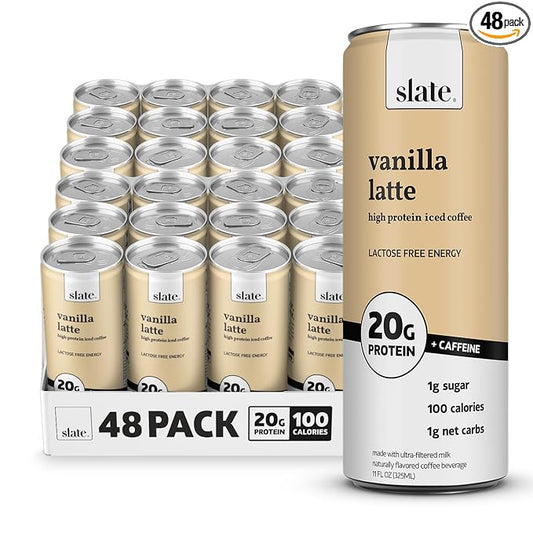 Slate Milk - High Protein Iced Coffee - Vanilla Latte - 175mg Caffeine, Lactose Free Energy - 20g Protein, 1g Sugar, 100 Calories, 1g Net Carbs, No Sugar Added - Protein Coffee - 11 fl oz, 48 Cans