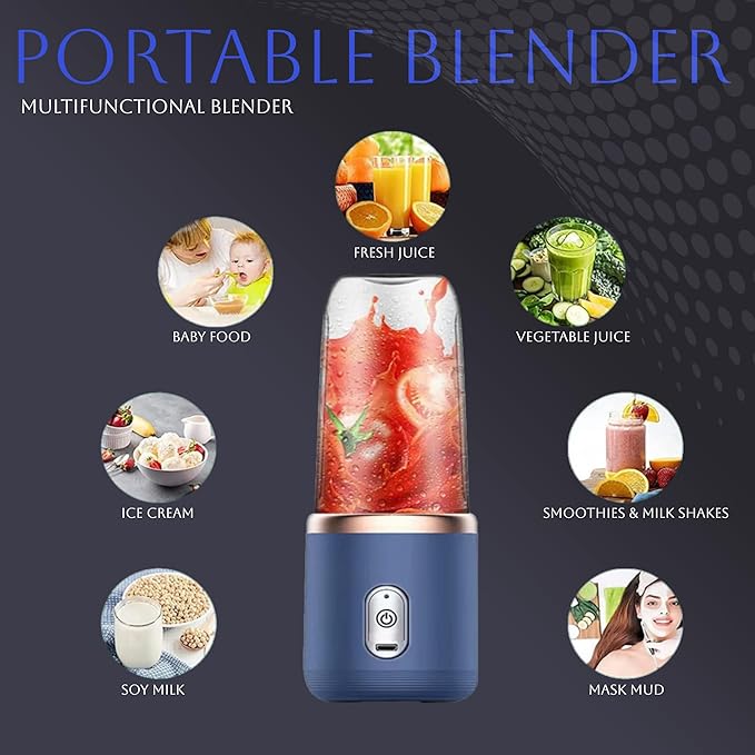 Paramexview® Portable Blender 14oz for Juices & Smoothies with 6 blades Puwerful performances Fusion Blender | USB Rechargeable, Lid, Cup included | Fit for travel and outdoor activities (Navy Blue)