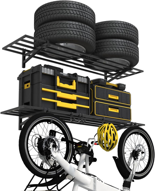 2-Pack 1×4ft Steel Wall Mounted Garage Shelves with Hooks, 300LB Each Heavy Duty Shelving for Garage Storage & Organization