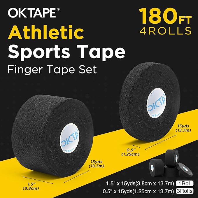 OK TAPE Athletic Tape Finger Tape, Extra Strong Adhesive Sports Tape for Weightlifting, Climbing, Basketball, Volleyball, Black 3 Rolls 1.5" x 15yds and 1 Roll 0.5in x 15yds