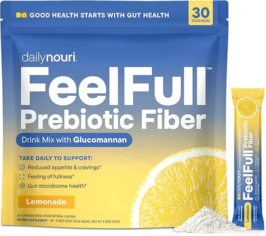 Nouri Daily FeelFull Prebiotic Fiber Drink Mix | Supports Natural Fullness, Appetite & Cravings Control, Gut & Metabolic Health | Oligofructose, Glucomannan & Chromium | 30 Stick Packs