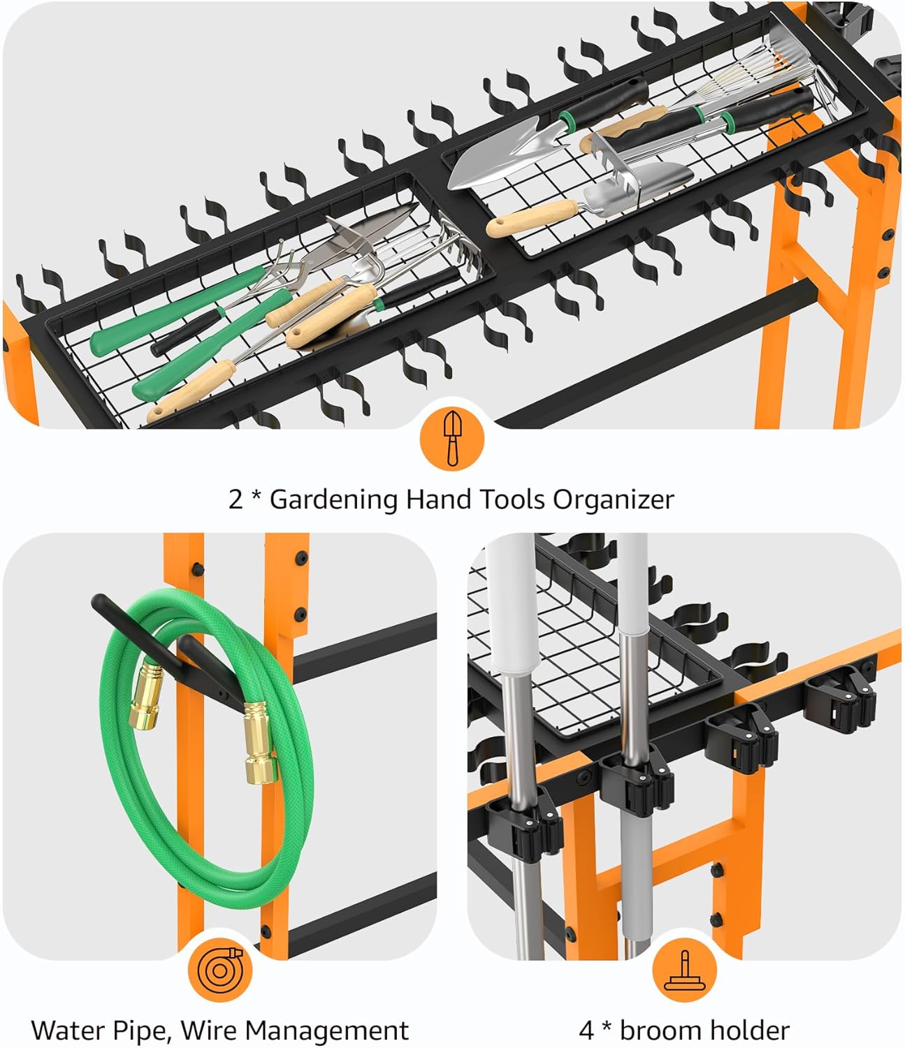 CCCEI Garage Organization with Wheels, Outdoor Gargen Yard Shed Tools Organizer Cart, Home Storage for Cleaning Supplies, Broom Holder, for Shovel and Rake, Long Farming and Farming Tools, Orange.