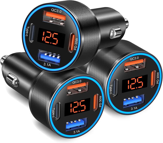 3 Pack USB C Car Charger, 4-Port 65W Dual 12V USB-A & USBC Cigarette Lighter Adapter Plug with Voltmeter PD/QC 3.0 Fast Charging Car Phone Charger for iPhone 16e 15 14 13 12 11 Pro Max, Android-Black