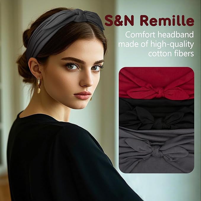 S&N Remille Wide Headbands for Women, Large Hairband, Elastic Non-Slip Headband Twist Knotted Accessories, Yoga Workout Vintage Hair 3 Pack (Multi-colored-4)