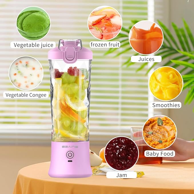 Portable Blender, Personal Blender for Shakes and Smoothies with 20 Oz Travel Cup and Lid, Mini Personal Size Blender with 6 Blades and USB Rechargeable for Gym, Kitchen and Outdoors (Purple)