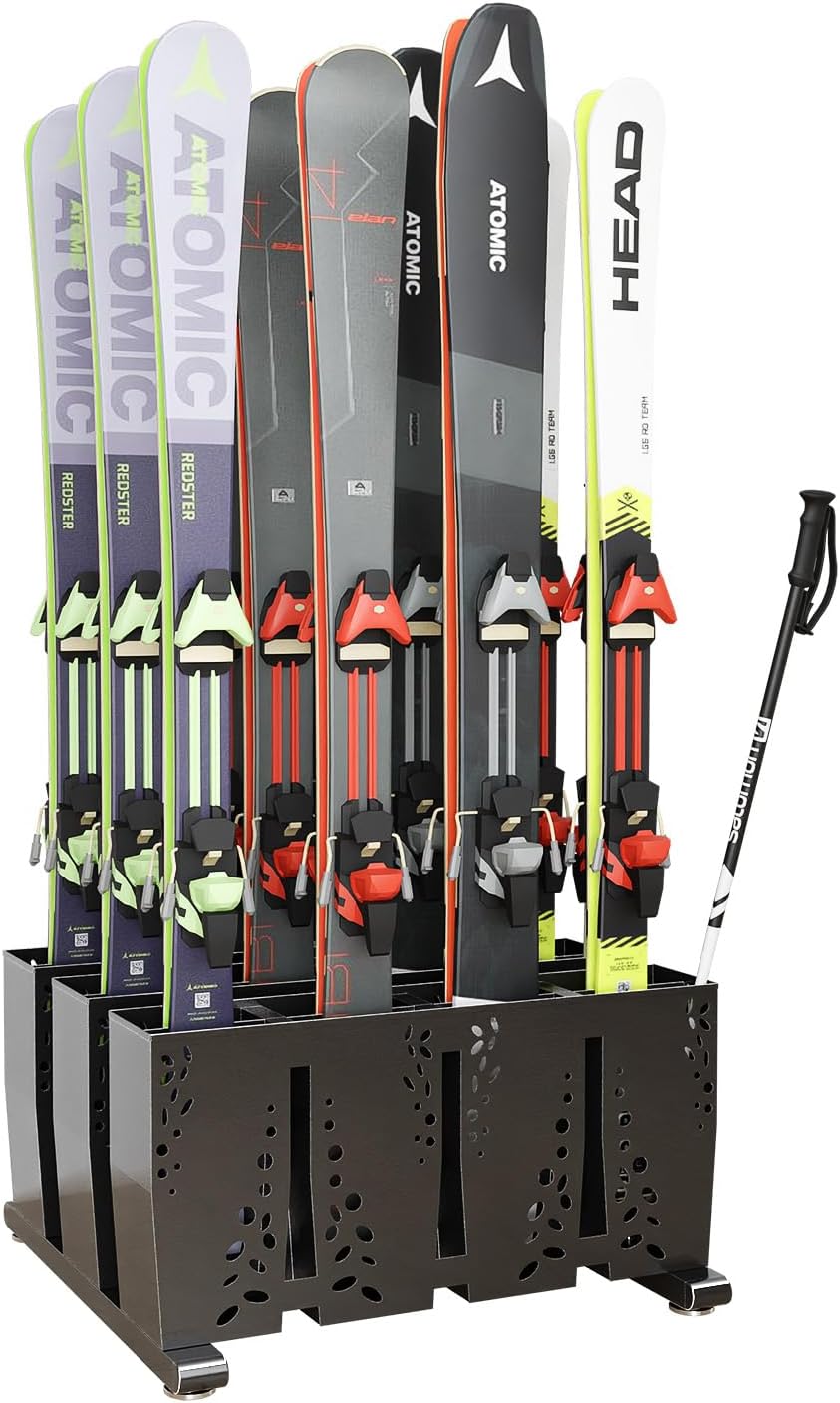Heavy Duty Metal Ski Storage Rack, 12 Pair Freestanding Steel Ski Holder, Floor Stand Ski Organizer Rack, Snowboard Floor Stand Organizer for Garage and Home