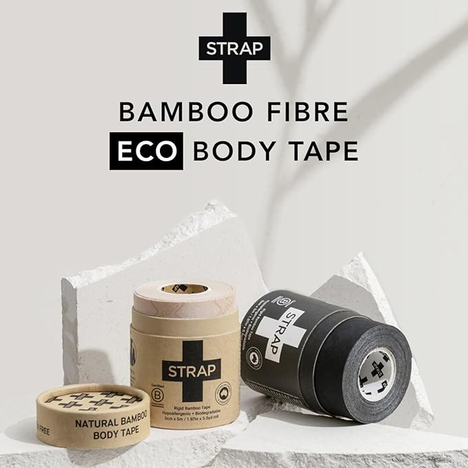 STRAP Black Bamboo Hypoallergenic Body Tape | Sports Tape, Athletic Tape, Kinesiology Tape, Tape for Sensitive Skin | Eco Friendly, Non Toxic, Latex Free, Vegan | 16.5ft Length