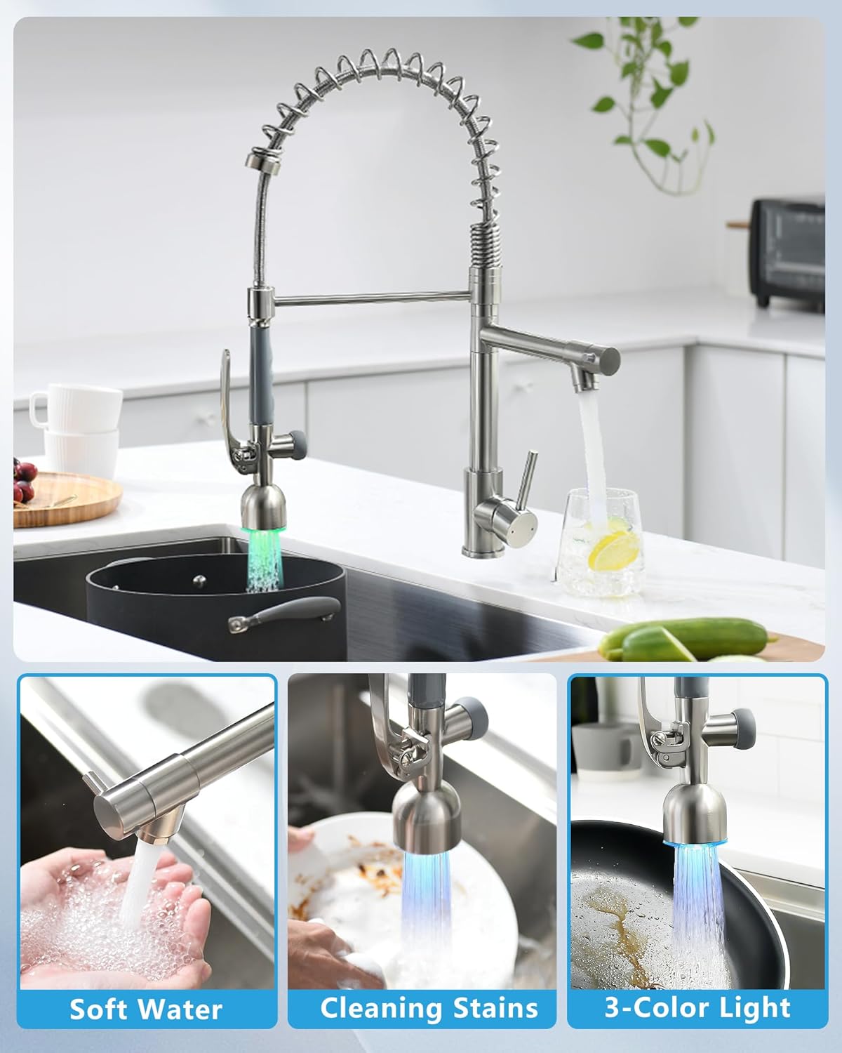 Fapully Commercial Single Handle Pull Down Sprayer Brushed Nickel Kitchen Faucet, Kitchen Sink Faucet with LED Light