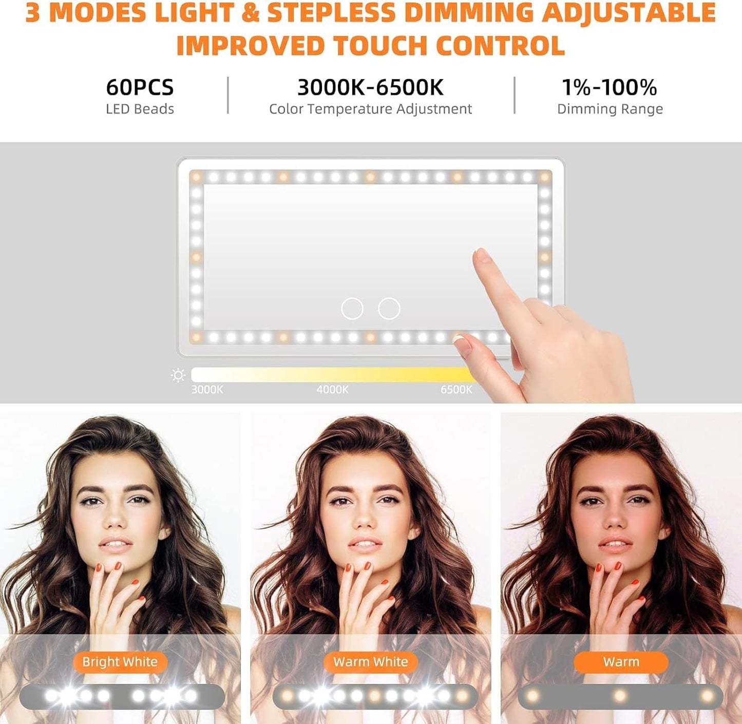 Car Sun Visor Vanity Mirror, Rechargeable Makeup Mirrors with 3 Light Modes & 60 LEDs- Dimmable Clip-on Rear View Sun-Shading Cosmetic Mirror with Touch on Screen, Universal for Truck SUV(Grey)