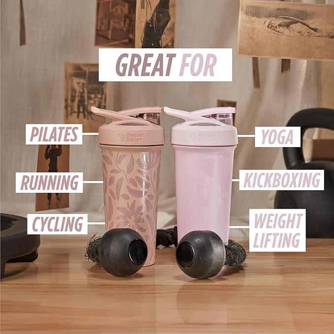 BlenderBottle Strada Flip Shaker Cup Insulated Stainless Steel Water Bottle with Wire Whisk, 25-Ounce, Brown Flowers