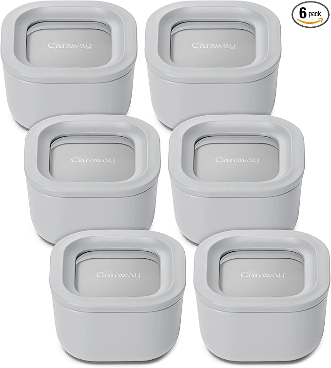 Caraway 6pc Food Storage Container Set - 1.75 Cup Glass Storage Container for Food (6) - Non-Toxic Ceramic-Coated Glass - Air Release Technology - Compact & Stackable Design - Gray