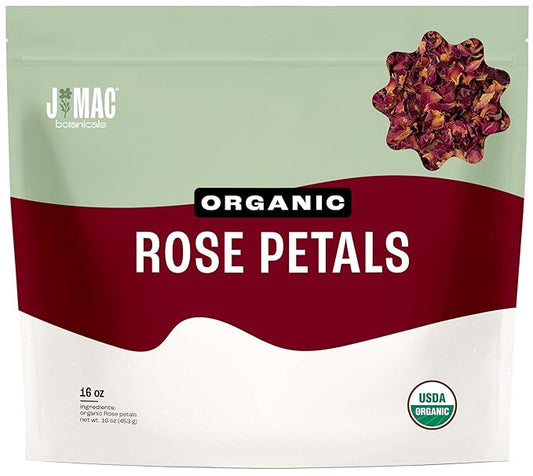 J MAC BOTANICALS Organic Rose Petals, (16 oz - Bulk 1 Pound) Certified USDA Organic, edible, culinary grade dry rose petals, rose petals for herbal tea, cooking and crafts
