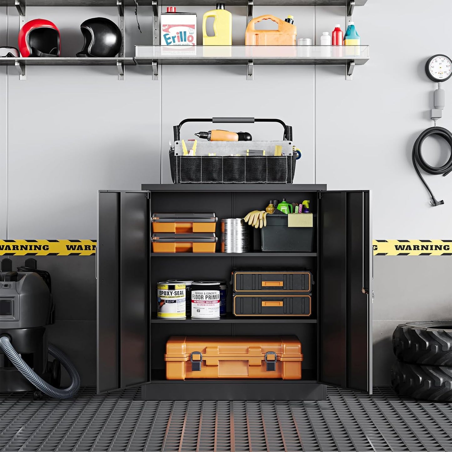 Yizosh Metal Garage Storage Cabinet with 2 Doors and 2 Adjustable Shelves - 35.5" Steel Lockable File Counter Cabinet for Home Office,Garage,Gym,School（Black）