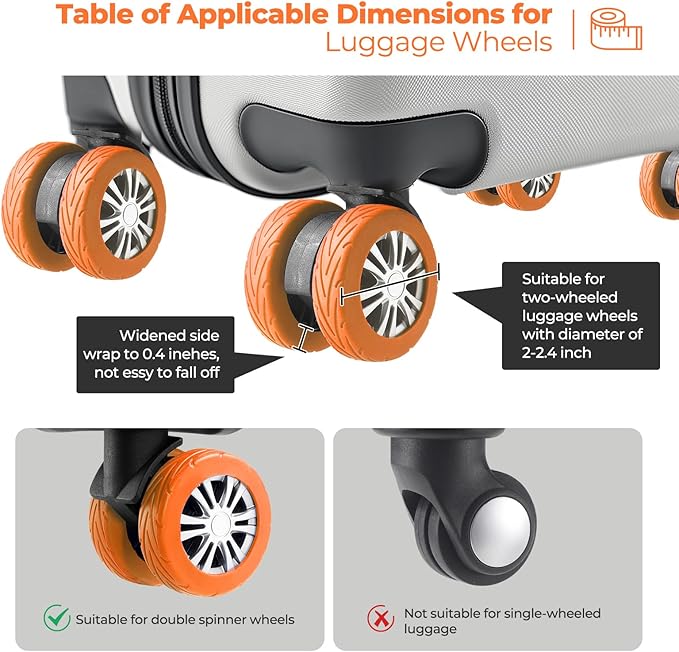 8 Pcs Upgrade Luggage Wheel Covers, Carry On Luggage Suitcases,Wear-Resistant, Anti-Noise, Silicone Wheel Protective Covers for 2-2.4" Spinner Wheel,Essential Travel Accessories (Orange)