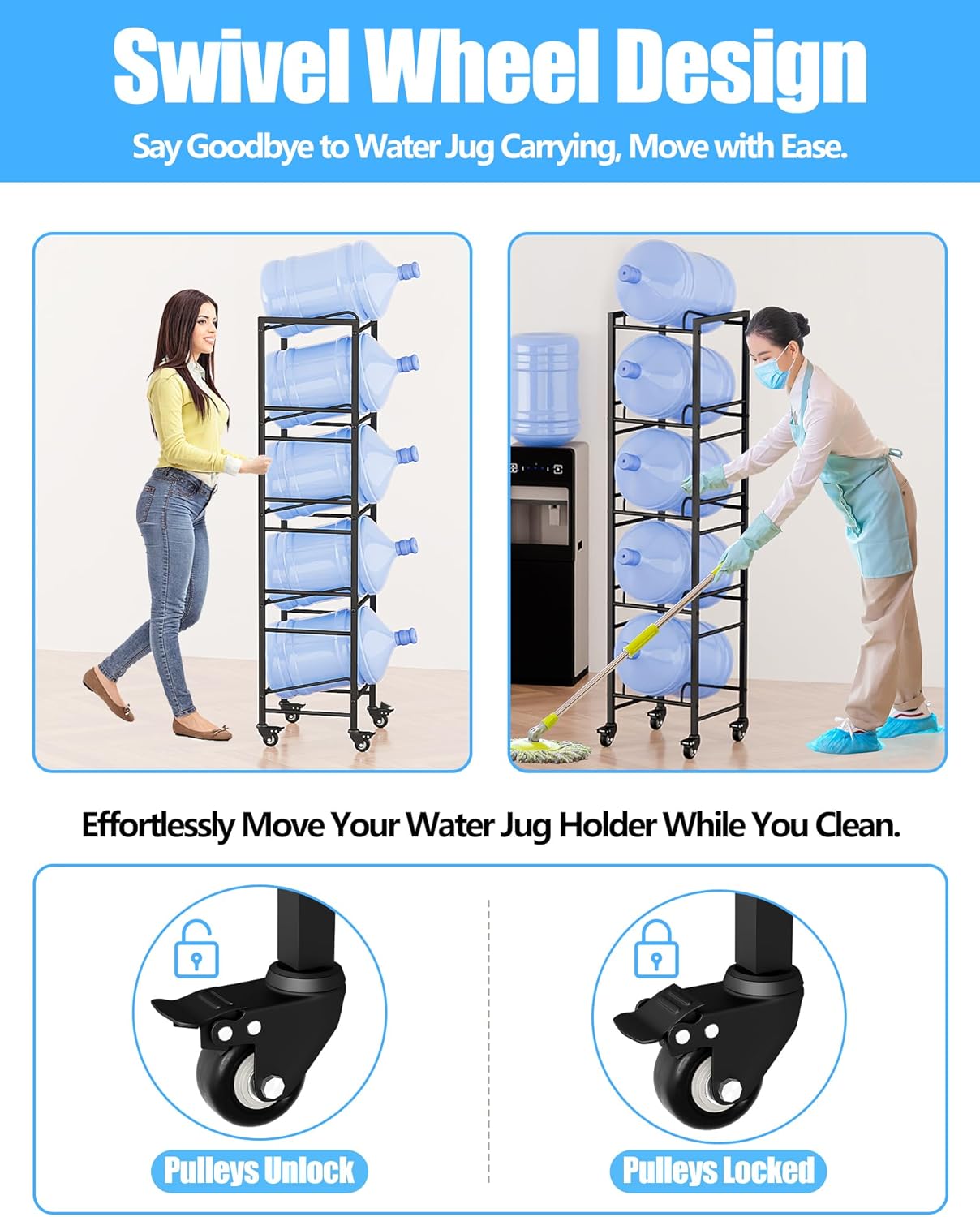 5 Gallon Water Jug Holder, Movable 5 Tier Heavy Duty Water Rack with 4 Wheels, Rack for Water Jug Storage, Space Saving Water Stand for Five 5 Gallon Water Jugs, Black