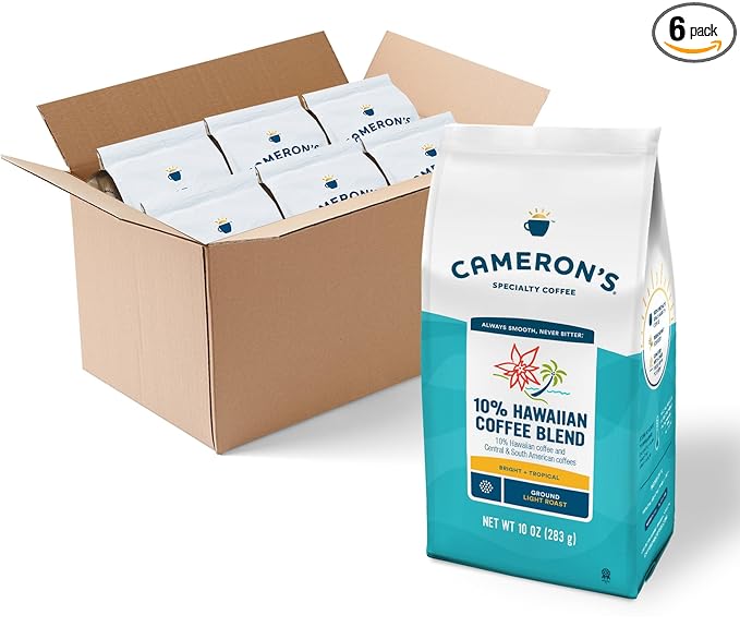Cameron's Coffee Roasted Ground Coffee Bag, 10% Hawaiian Coffee Blend, 10 Ounce, Pack of 6 NEW