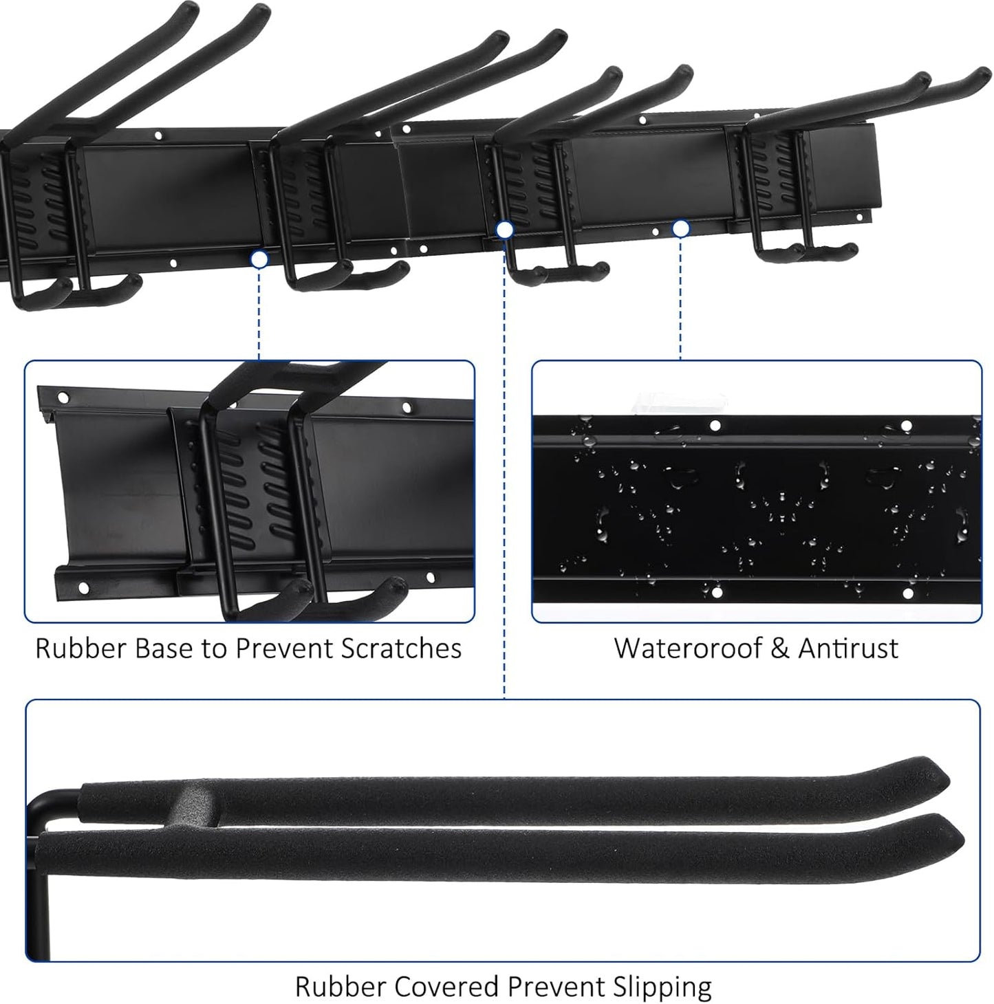 Garage Storage Rack Hooks, 32 Inch Heavy Duty Wall Mount Garage Organization with 2 Rails and 4 Adjustable Double Wall Hooks,Hanging Shelves for Garden Tool/Broom/Mop(Black)