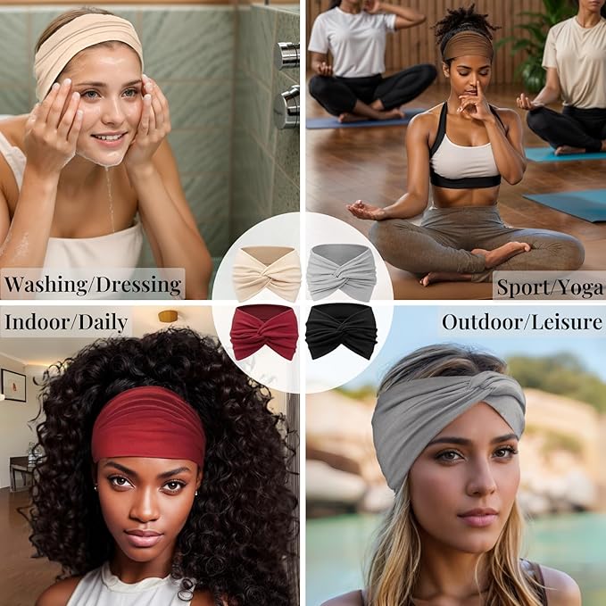Wide Headbands for Women Yoga Running Sports Headhand Bandana Boho Non Slip Sweat Head Bands Accessories 4 Pack