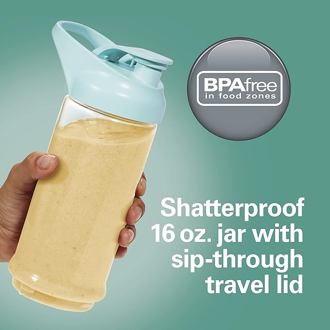 Hamilton Beach Mini Cordless Portable Personal Blender for Shakes and Smoothies, USB Rechargeable, 16 oz. Jar with Leakproof Travel Lid, 6 Stainless Steel Blades, Blue (51182)