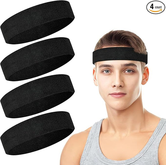 4 Pack Headbands for Men, Sweat Bands Headbands Men & Women, Cotton Terry Sweat Bands for Tennis, Basketball, Running, Gym, Working Out