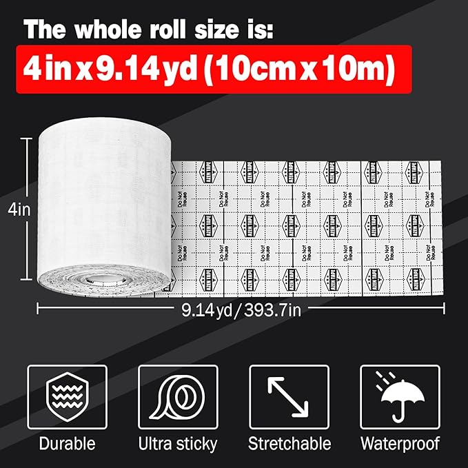 AZEN Turf Tape Football, 4 Inch x 9.14 Yards Extra Wide Kinesiology Tape Rolls, Waterproof Athletic Tape, Protects from Turf Burn (White)