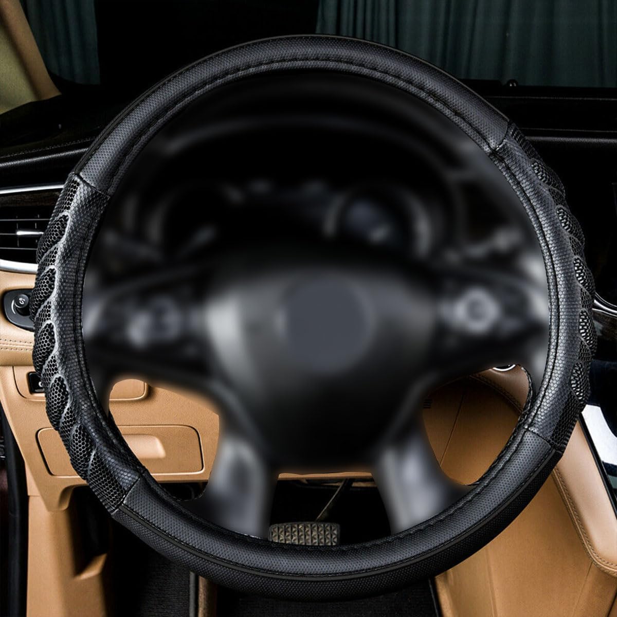 Flying Banner car Steering Wheel Cover Faux Leather Massage Universal fit 3D Honeycomb Hole Anti-Slip Sporty 15 Inches (Black Black)